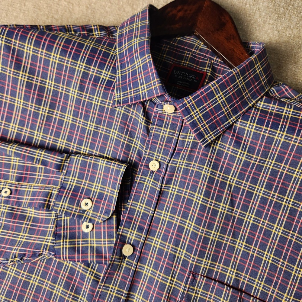 UNTUCKit Button Down Shirt Mens XXL Blue Red Plaid Long Sleeve Polyester 503